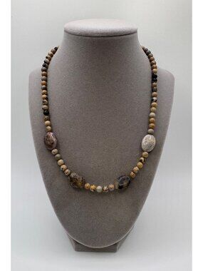 Vintage Dendritic Jasper Beaded Necklace Earth Tone Oval Stone 18 Inch Boho